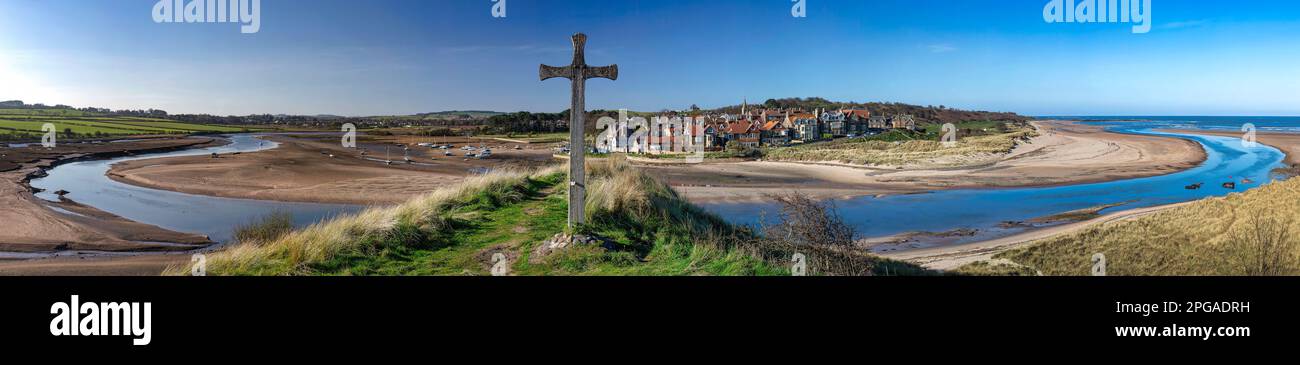 Panoramic view on a sunny day in summer of Alnmouth village in Northumberland from church hill looking to the north Stock Photo