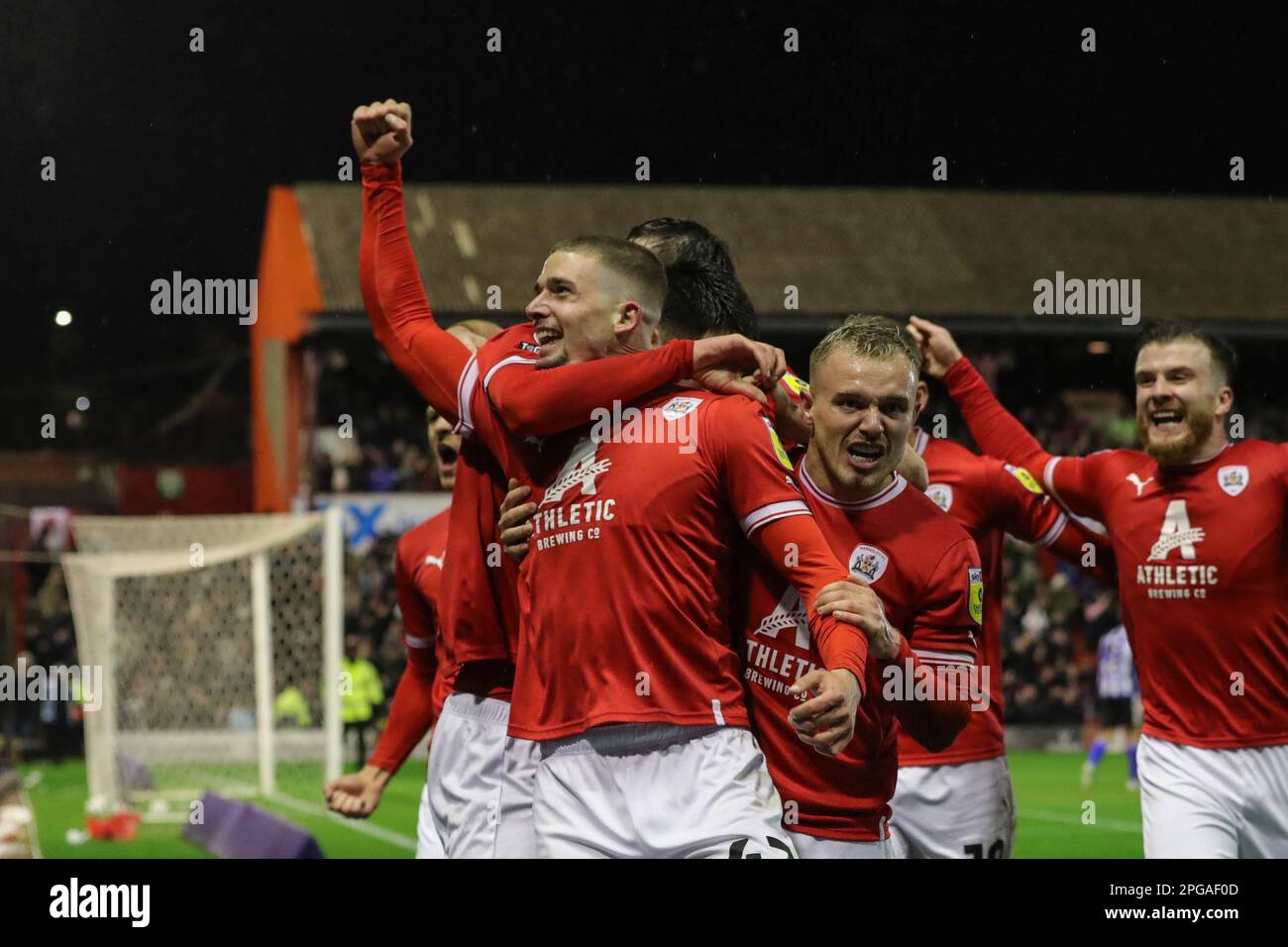Max Watters #47 of Barnsley celebrates his goal to make it 3-2 during the Sky Bet League 1 match Barnsley vs Sheffield Wednesday at Oakwell, Barnsley, United Kingdom, 21st March 2023  (Photo by Alfie Cosgrove/News Images) Stock Photo