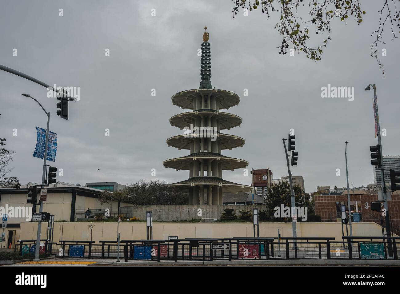 A colorful shot of the Peace Plaza in Japantown, with its stunning