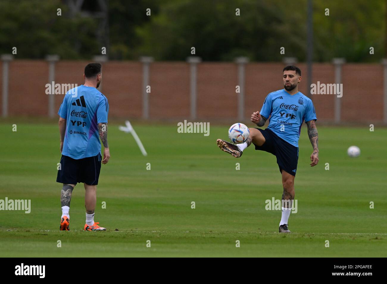 ARGENTINA, Buenos Aires, Ezeiza- 21 March 2023: Lionel Messi and Nicolas Otamendi of Argentina during the training session at AFA training ground before friendly match vs Panama. Photo by Diego Halisz/SFSI Stock Photo