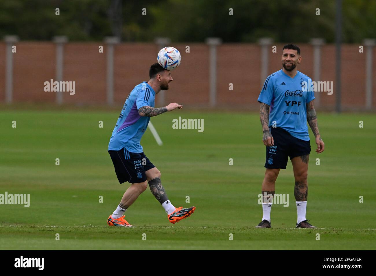ARGENTINA, Buenos Aires, Ezeiza- 21 March 2023: Lionel Messi and Nicolas Otamendi of Argentina during the training session at AFA training ground before friendly match vs Panama. Photo by Diego Halisz/SFSI Stock Photo