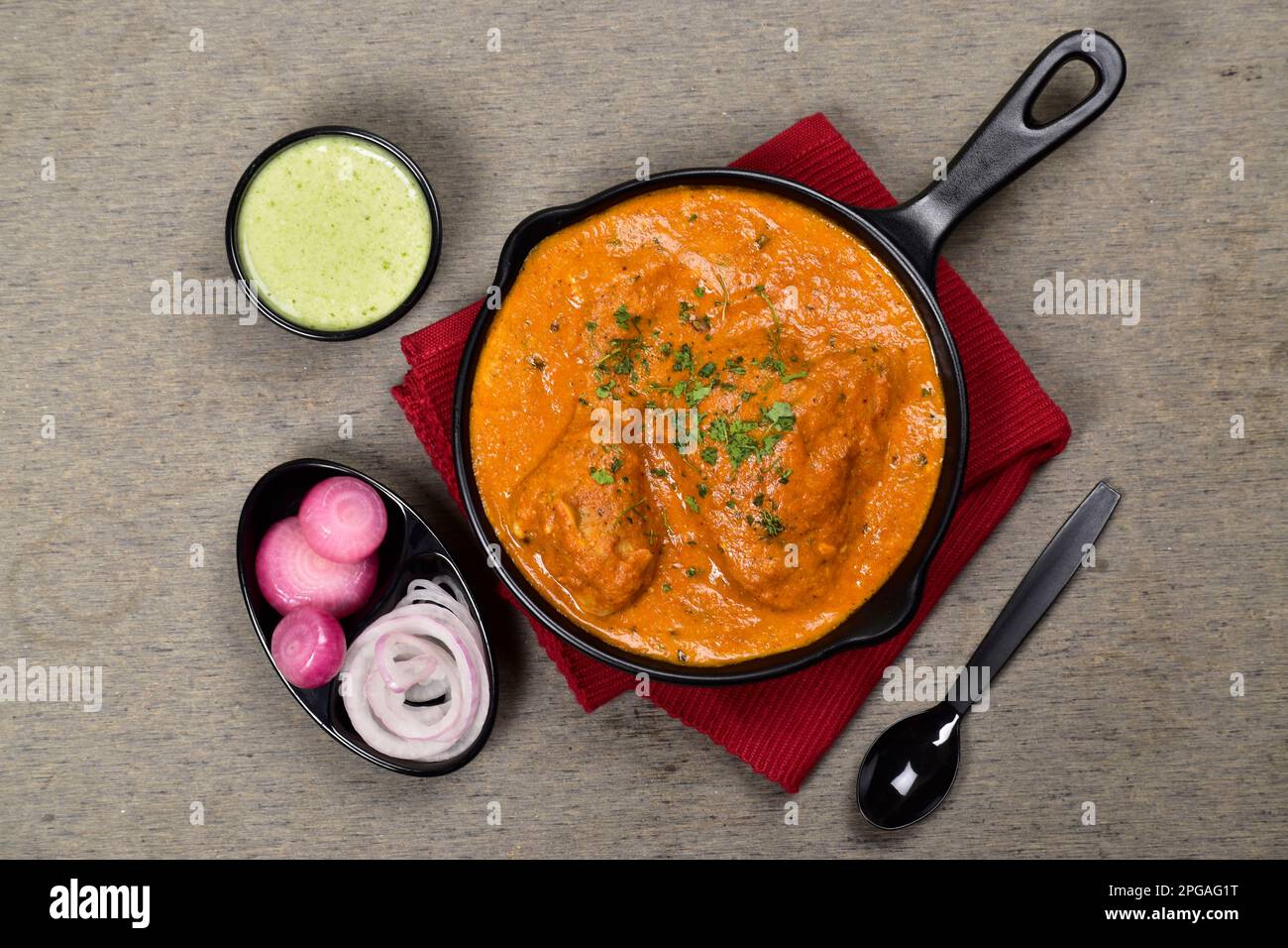 Punjabi food butter chicken with mint chutney top view Stock Photo Alamy