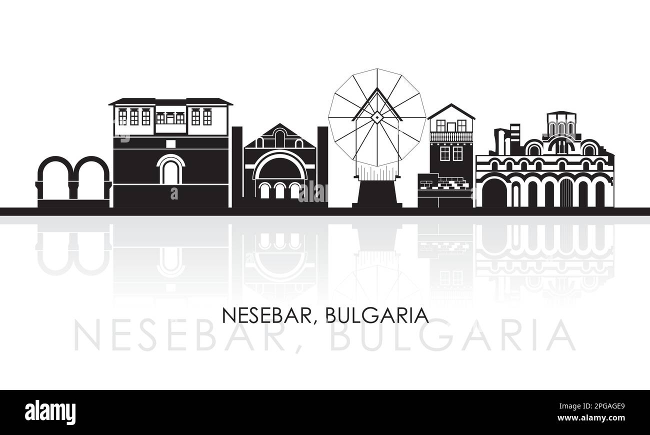 Silhouette Skyline panorama of town of Nessebar, Bulgaria - vector illustration Stock Vector