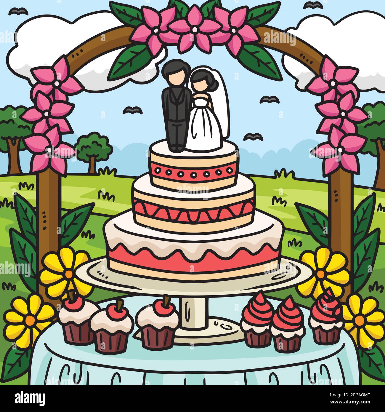 Newlywed Couple Wedding Cake Cartoon Clipart Vector - FriendlyStock