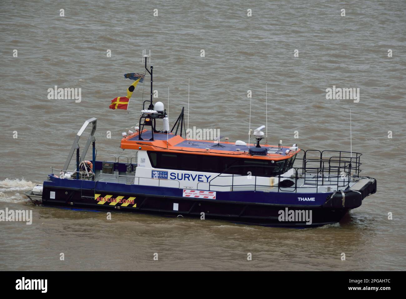 SV Thame operated by the Port of London Authority's Hydrographic Survey Team seen working on the River Thames in East London Stock Photo