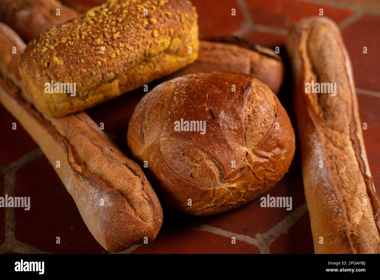 different types of French bread. Baguettes, bread with seeds on the