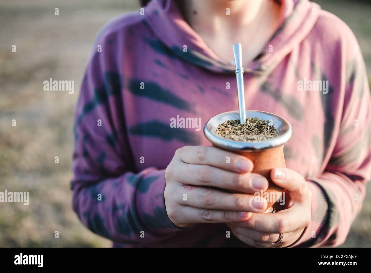 Unrecognizable young woman holding yerba mate in the countryside at sunset. Copy space Stock Photo
