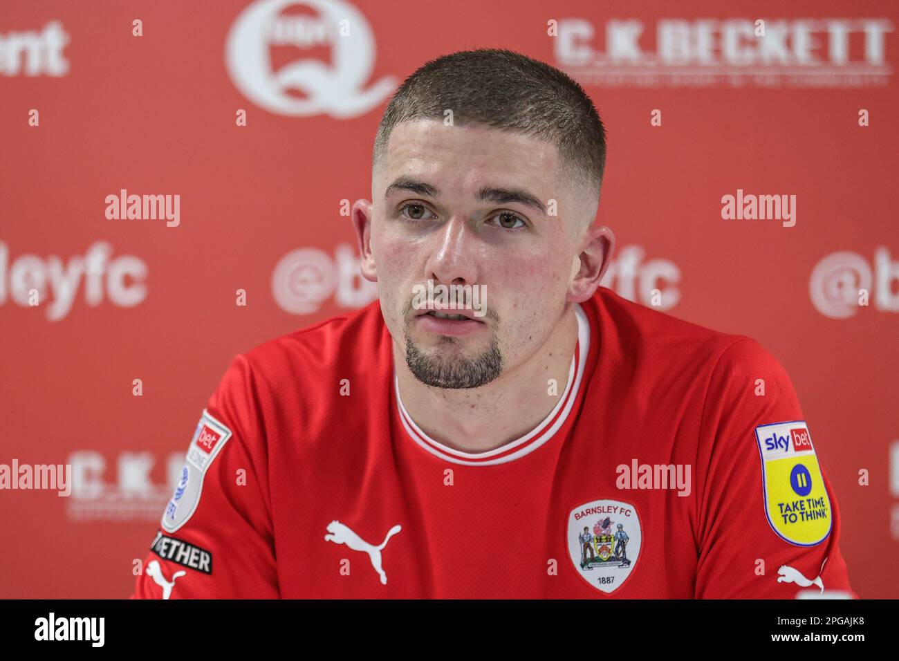 Max Watters #47 of Barnsley speaks in the post match press conference during the Sky Bet League 1 match Barnsley vs Sheffield Wednesday at Oakwell, Barnsley, United Kingdom, 21st March 2023  (Photo by Mark Cosgrove/News Images) Stock Photo