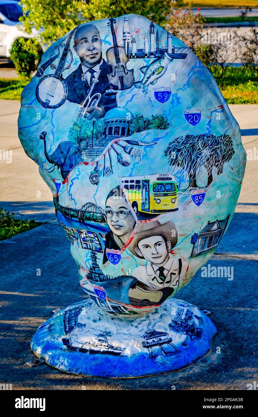 An oyster shell sculpture depicts scenes from Alabama history at the