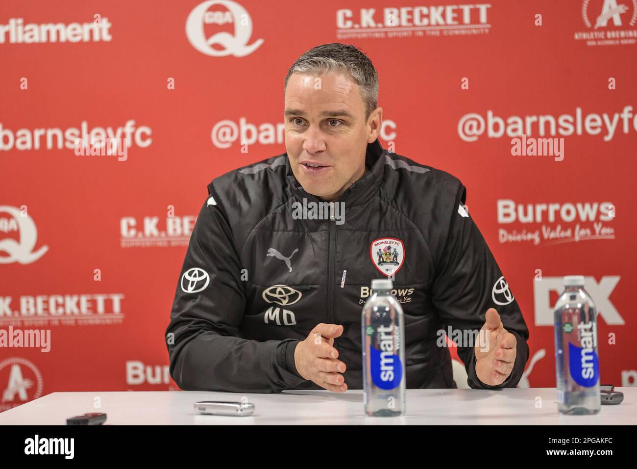 Michael Duff manager of Barnsley speaks in the post match press conference after beating Sheffield Wednesday 4-2 during the Sky Bet League 1 match Barnsley vs Sheffield Wednesday at Oakwell, Barnsley, United Kingdom, 21st March 2023  (Photo by Mark Cosgrove/News Images) Stock Photo