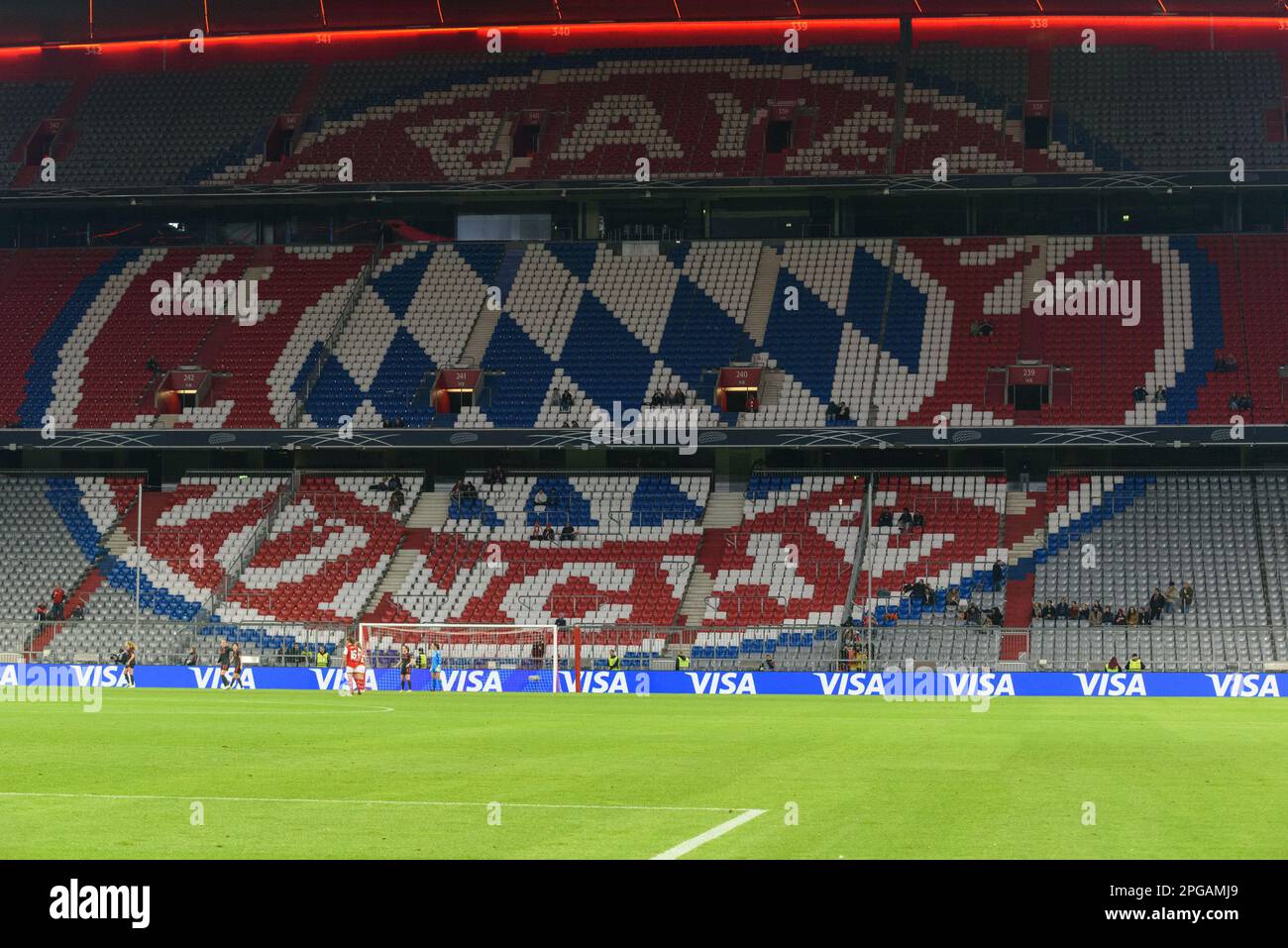 Munich, Germany, MAR 21th 2023 Empty Nordkurve with FC Bayern Logo