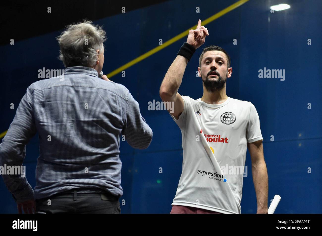 London, UK on 21 March 2023. Youssef Soliman (Egypt) wins his round one match vs Greg Lobban (Scotland) in the Optasia Squash Championship at The Wimbledon Club, London, UK on 21 March 2023. Photo by Phil Hutchinson. Editorial use only, license required for commercial use. No use in betting, games or a single club/league/player publications. Credit: UK Sports Pics Ltd/Alamy Live News Stock Photo