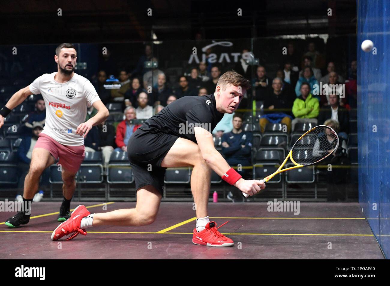 London, UK on 21 March 2023. Youssef Soliman (Egypt) vs Greg Lobban (Scotland) in the in round one of the Optasia Squash Championship at The Wimbledon Club, London, UK on 21 March 2023. Photo by Phil Hutchinson. Editorial use only, license required for commercial use. No use in betting, games or a single club/league/player publications. Credit: UK Sports Pics Ltd/Alamy Live News Stock Photo