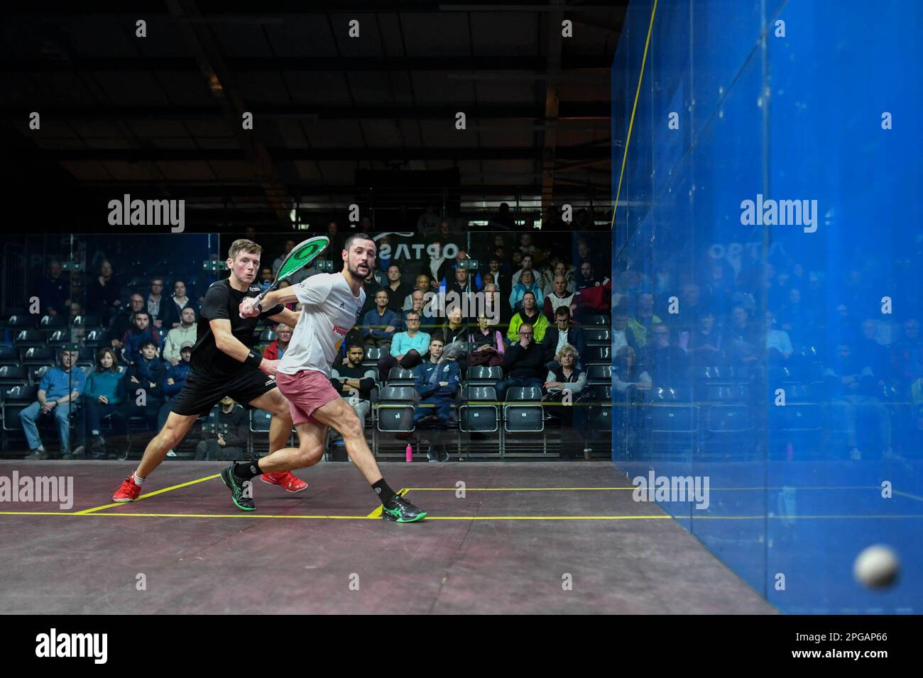 London, UK on 21 March 2023. Youssef Soliman (Egypt) vs Greg Lobban (Scotland) in the in round one of the Optasia Squash Championship at The Wimbledon Club, London, UK on 21 March 2023. Photo by Phil Hutchinson. Editorial use only, license required for commercial use. No use in betting, games or a single club/league/player publications. Credit: UK Sports Pics Ltd/Alamy Live News Stock Photo