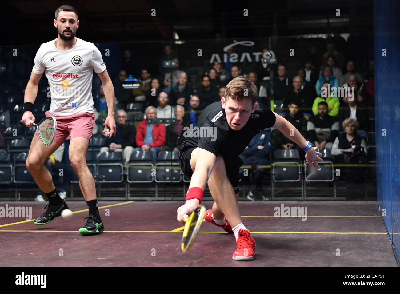 London, UK on 21 March 2023. Youssef Soliman (Egypt) vs Greg Lobban (Scotland) in the in round one of the Optasia Squash Championship at The Wimbledon Club, London, UK on 21 March 2023. Photo by Phil Hutchinson. Editorial use only, license required for commercial use. No use in betting, games or a single club/league/player publications. Credit: UK Sports Pics Ltd/Alamy Live News Stock Photo