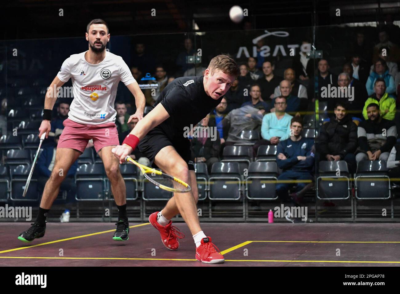 London, UK on 21 March 2023. Youssef Soliman (Egypt) vs Greg Lobban (Scotland) in the in round one of the Optasia Squash Championship at The Wimbledon Club, London, UK on 21 March 2023. Photo by Phil Hutchinson. Editorial use only, license required for commercial use. No use in betting, games or a single club/league/player publications. Credit: UK Sports Pics Ltd/Alamy Live News Stock Photo