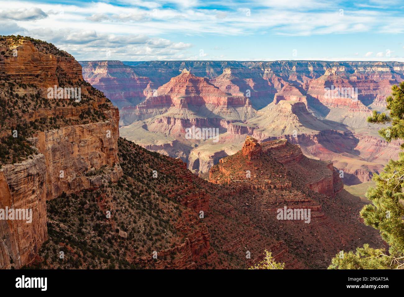Grand Canyon aerial, Arizona. Panorama in beautiful nature landscape scenery at sunset in Grand Canyon National Park. South Rim of the Grand Canyon National Park. Scenery of the Grand Canyon, Arizona. Stock Photo
