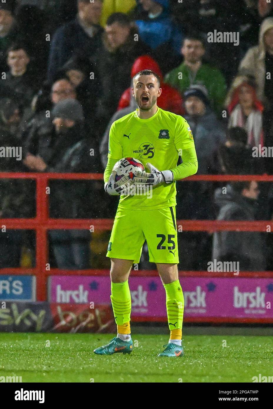Callum Burton  #25 of Plymouth Argyle  makes a save during the Sky Bet League 1 match Accrington Stanley vs Plymouth Argyle at Wham Stadium, Accrington, United Kingdom, 21st March 2023  (Photo by Stan Kasala/News Images) Stock Photo