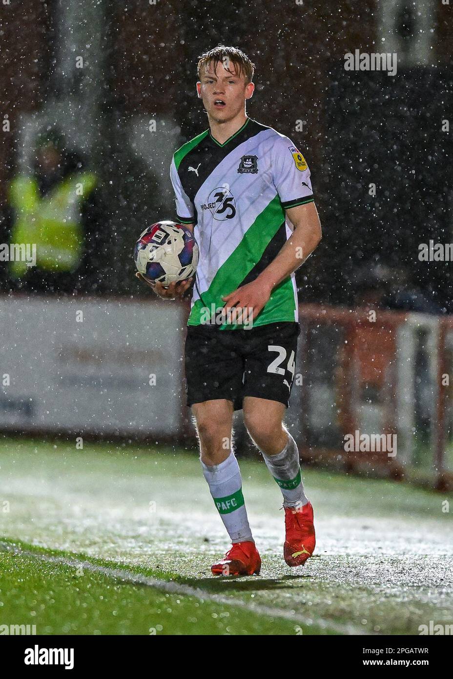Saxon Earley #24 of Plymouth Argyle in action during the Sky Bet League 1 match Accrington Stanley vs Plymouth Argyle at Wham Stadium, Accrington, United Kingdom, 21st March 2023  (Photo by Stan Kasala/News Images) Stock Photo
