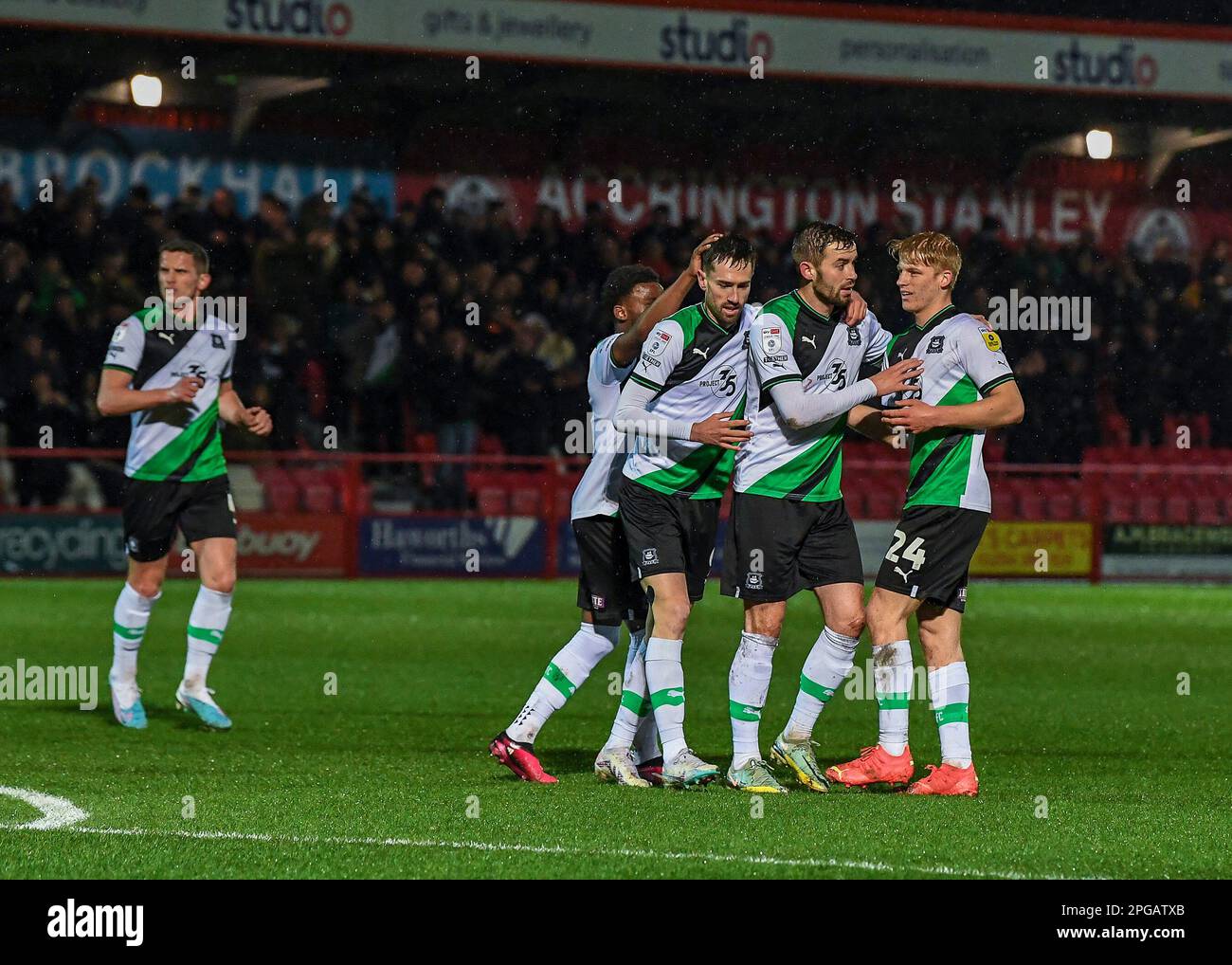 Matt Butcher#7 of Plymouth Argyle scores to make it 0-1 during the Sky Bet League 1 match Accrington Stanley vs Plymouth Argyle at Wham Stadium, Accrington, United Kingdom, 21st March 2023  (Photo by Stan Kasala/News Images) Stock Photo