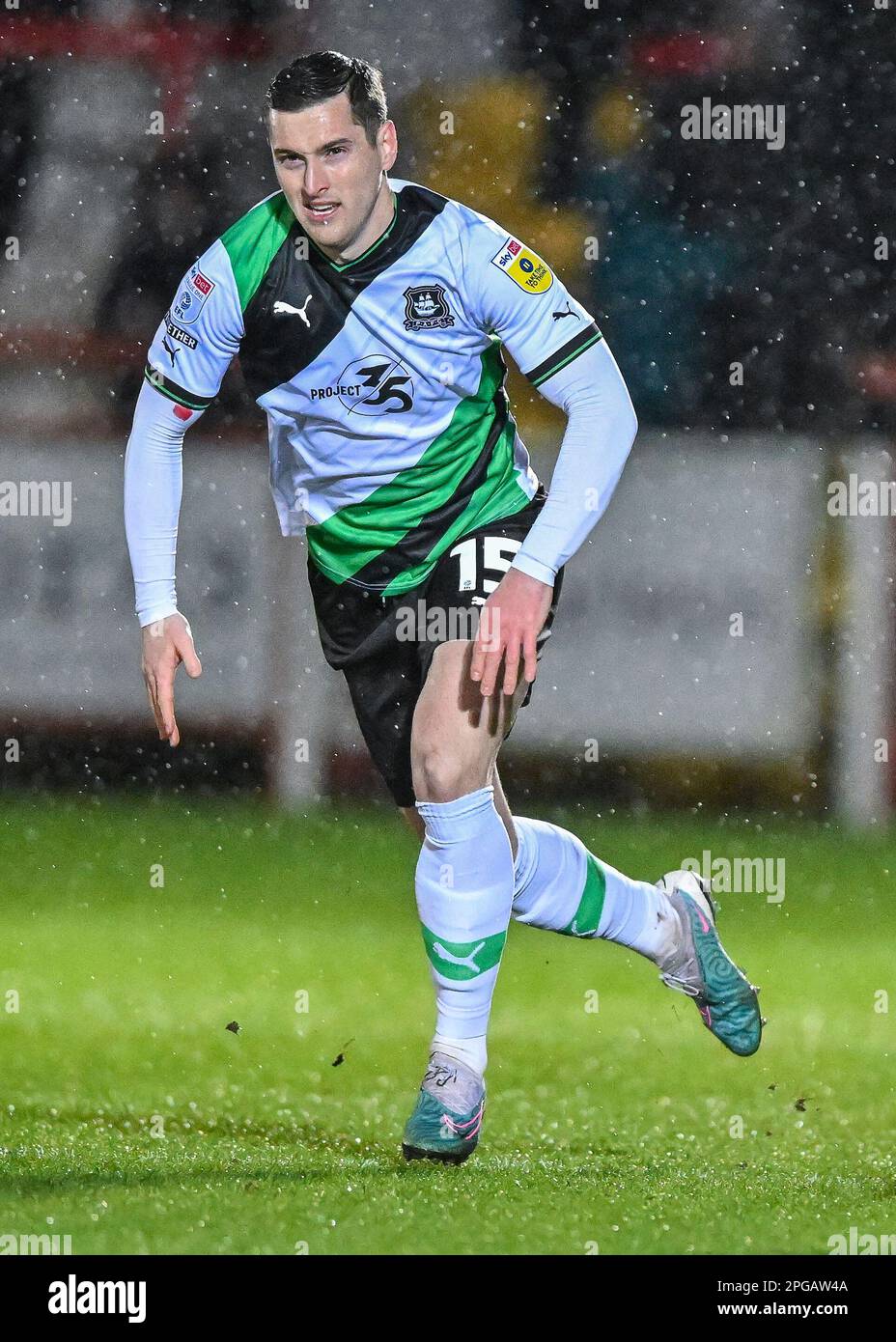 Conor Grant #15 of Plymouth Argyle in action during the Sky Bet League 1 match Accrington Stanley vs Plymouth Argyle at Wham Stadium, Accrington, United Kingdom, 21st March 2023  (Photo by Stan Kasala/News Images) Stock Photo