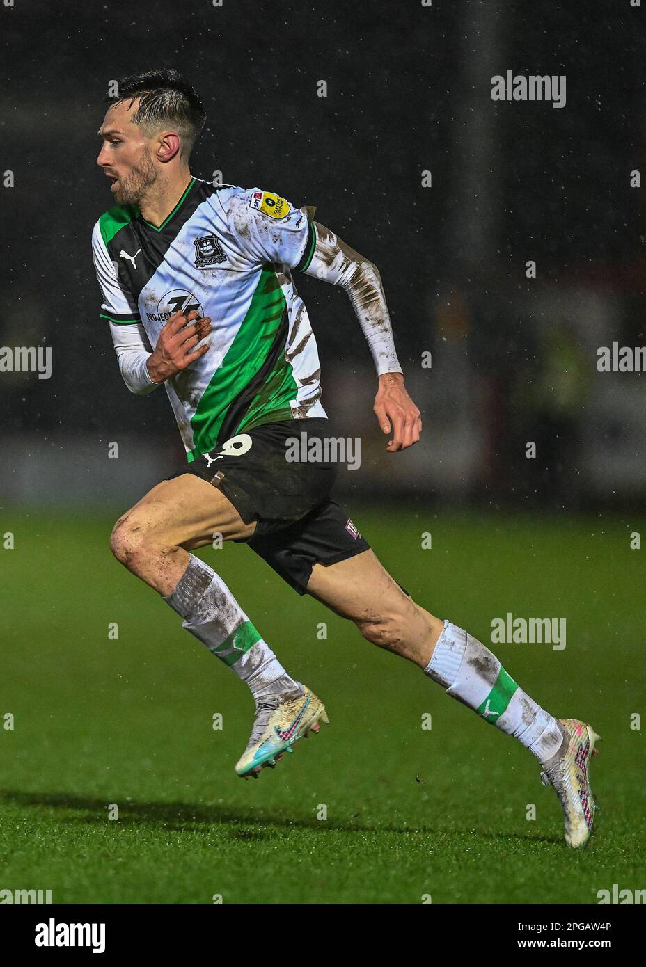 Ryan Hardie #9 of Plymouth Argyle  in action during the Sky Bet League 1 match Accrington Stanley vs Plymouth Argyle at Wham Stadium, Accrington, United Kingdom, 21st March 2023  (Photo by Stan Kasala/News Images) Stock Photo