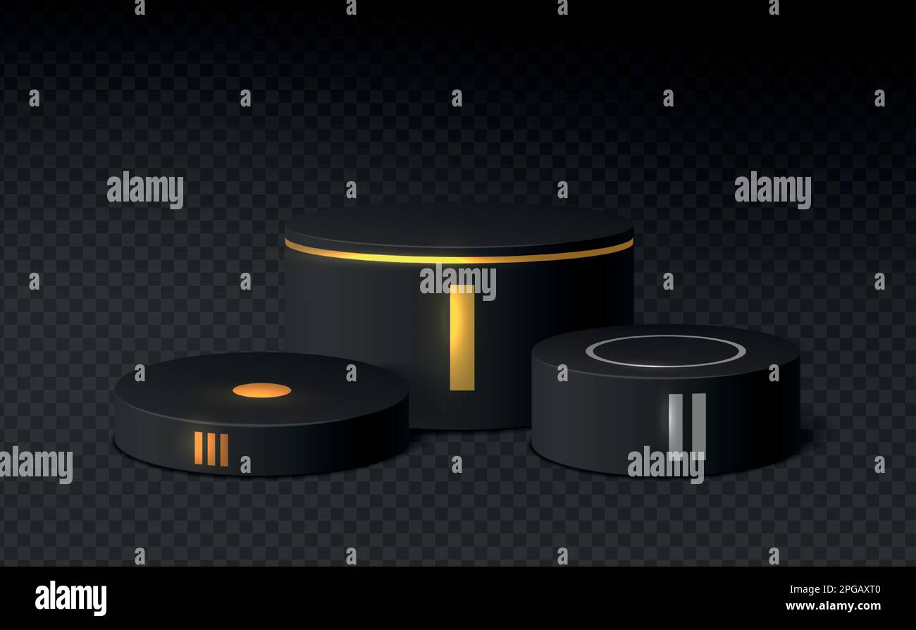 Winner pedestal. Black cylinder podium with red carpet realistic mockup ...