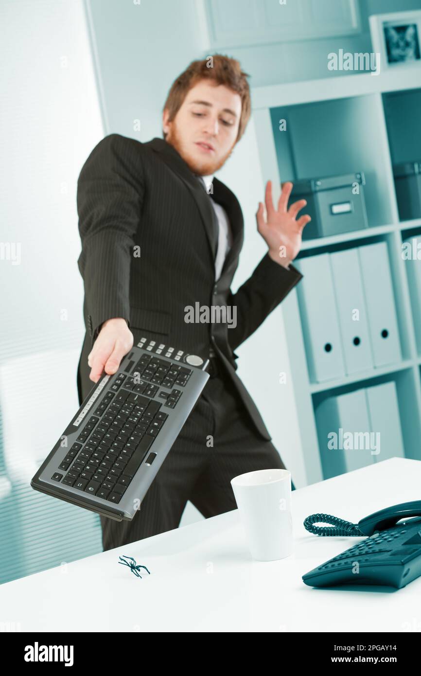 An office worker is terrorized by a bug that he chases away with his keyboard. He is afraid and tries to ward off that spider that scares a young busi Stock Photo