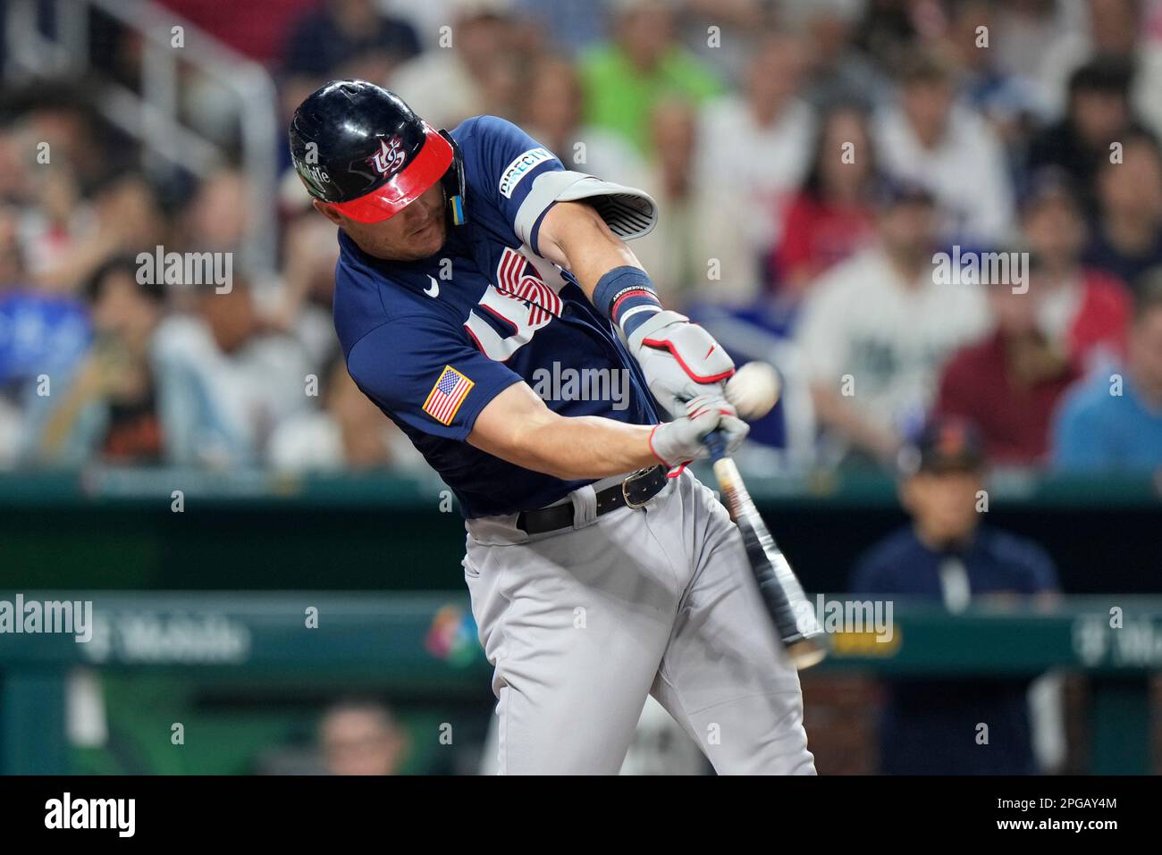 United States' Mike Trout (27) hits a double during first inning of a