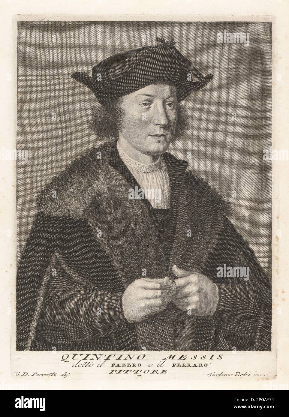 Quentin Matsys or Quinten Massijs, Flemish painter in the Early Netherlandish tradition, worked in Louvain and Antwerp, 1466–1530. Quintino Messis, detto il Fabbro o il Ferraro, Pittore. Copperplate engraving by Girolamo Rossi after Giovanni Domenico Ferretti after a self portrait by the artist from Francesco Moucke's Museo Florentino (Museum Florentinum), Serie di Ritratti de Pittori (Series of Portraits of Painters) stamperia Mouckiana, Florence, 1752-62. Stock Photo