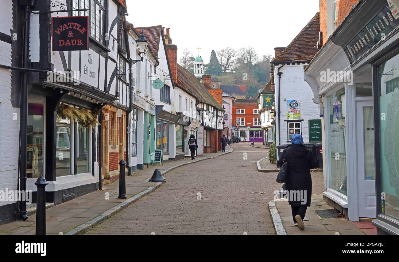 Historic buildings, shops, dwellings, stores, in Church Street, Godalming, Waverley, Surrey, England, UK, GU7 1EL Stock Photo