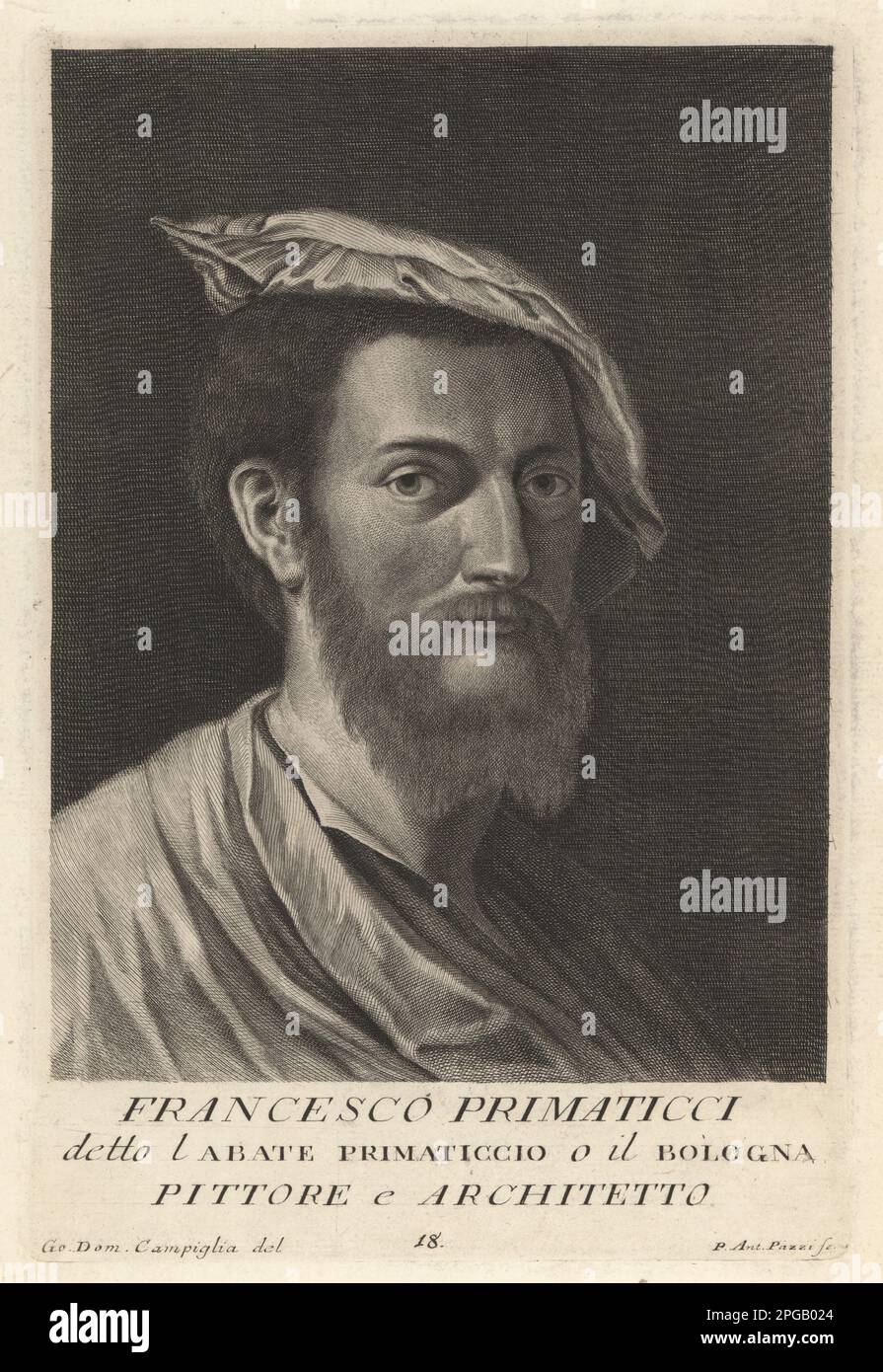 Francesco Primaticcio, Italian Mannerist painter, architect and sculptor who spent most of his career in France, 1504-1570. Worked with Giulio Romano in the Palazza del Te, and with il Rosso at Fontainbleau. Detto l'Abate Primaticcio o il Bologna. Copperplate engraving by Pietro Antonio Pazzi after Giovanni Domenico Campiglia after a self portrait by the artist from Francesco Moucke's Museo Florentino (Museum Florentinum), Serie di Ritratti de Pittori (Series of Portraits of Painters) stamperia Mouckiana, Florence, 1752-62. Stock Photo