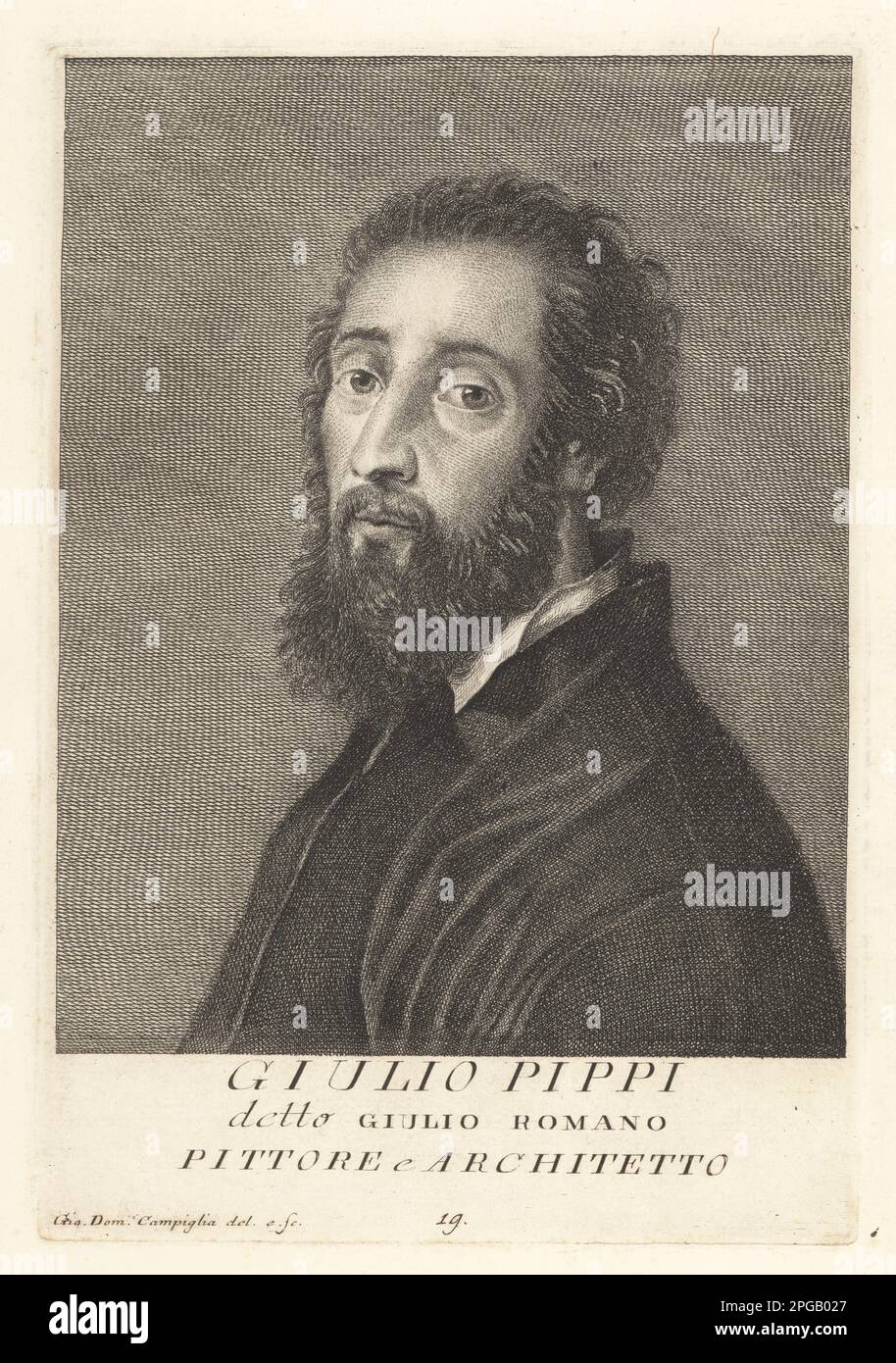 Giulio Romano or Giulio Pippi, Italian painter and architect, a pupil of Raphael in the Vatican, 1492-1546. Worked on the Palazza del Te and the Ducal Palace in Mantua. Giulio dei Giannuzzi, Pittore e Architetto. Copperplate engraving drawn and engraved by Giovanni Domenico Campiglia after a self portrait by the artist from Francesco Moucke's Museo Florentino (Museum Florentinum), Serie di Ritratti de Pittori (Series of Portraits of Painters) stamperia Mouckiana, Florence, 1752-62. Stock Photo