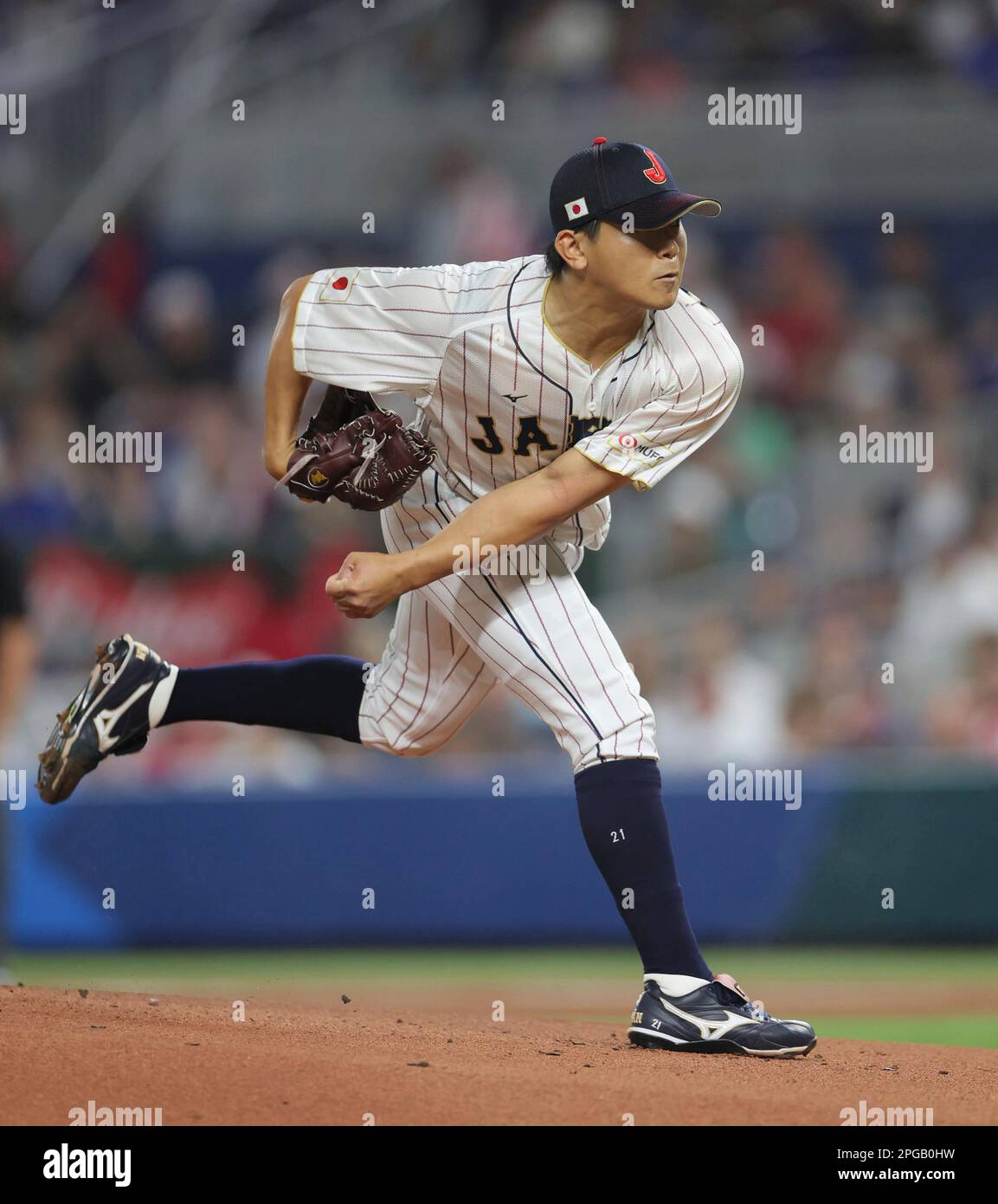 Japan's starter Shota Imanaga throws a ball at the World Baseball