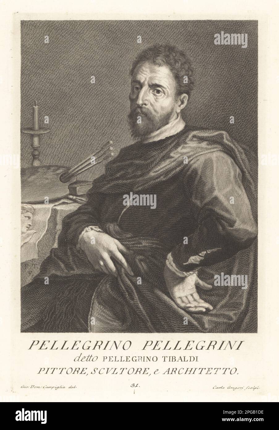 Pellegrino Tibaldi, Italian Renaissance painter, 1527-1592. Painted Cardinal Poggi's palace, the ceiling of Madrid Library, and became architect to the Duomo in Milan. Seated at a table with candle, palette and brushes, book and print. Pellegrino Pellegrini, Pittore, Scultore, e Architetto. Copperplate engraving by Carlo Gregori after Giovanni Domenico Campiglia after a self portrait by the artist from Francesco Moucke's Museo Florentino (Museum Florentinum), Serie di Ritratti de Pittori (Series of Portraits of Painters) stamperia Mouckiana, Florence, 1752-62. Stock Photo