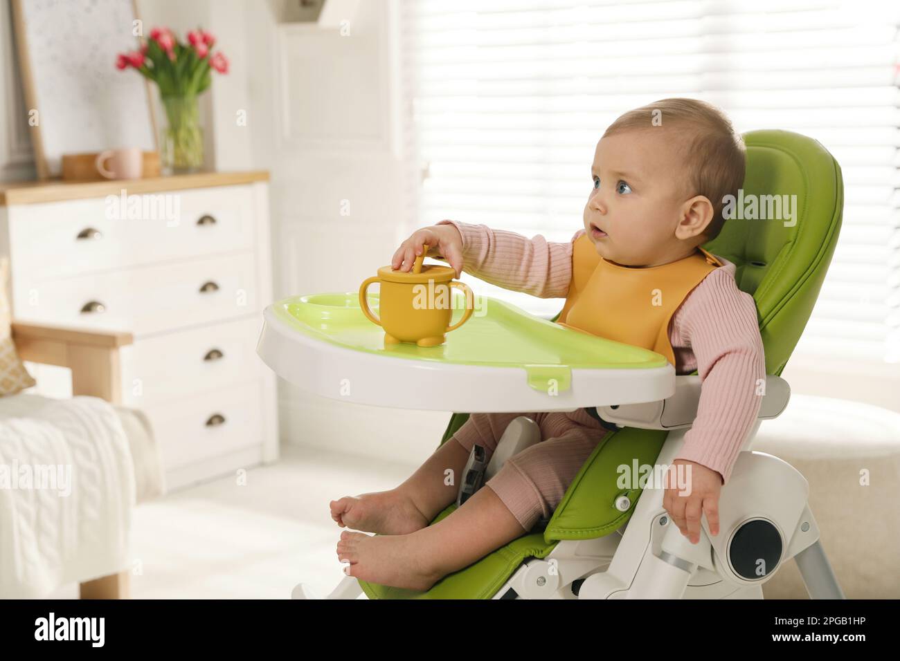 Cute little baby wearing bib in highchair at home Stock Photo Alamy