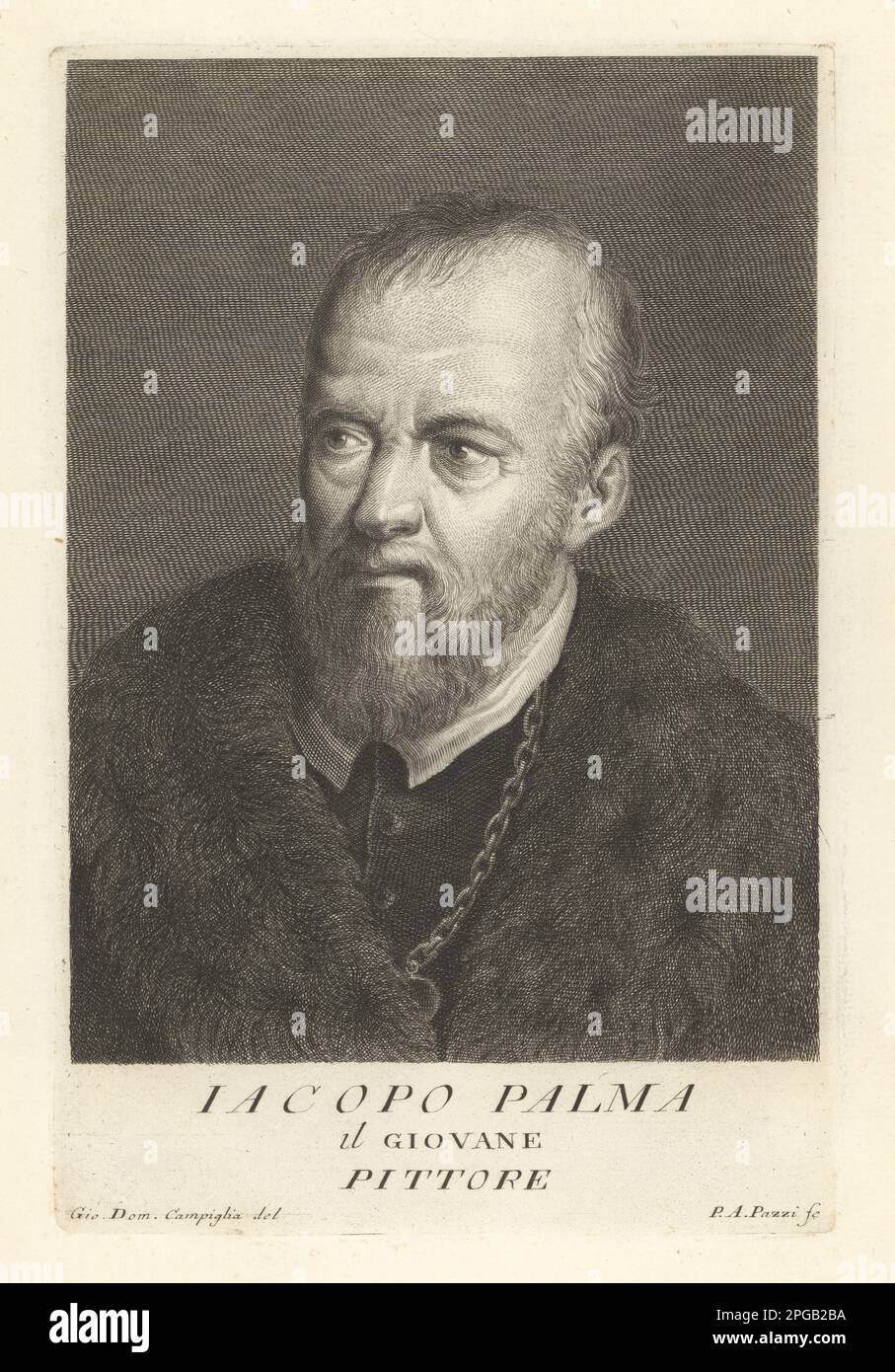 Jacopo Palma il Giovane, Italian painter from Venice, notable exponent of the Venetian school, 1544-1628. Iacopo Palma, Pittore. Copperplate engraving by Pietro Antonio Pazzi after Giovanni Domenico Campiglia after a self portrait by the artist from Francesco Moucke's Museo Florentino (Museum Florentinum), Serie di Ritratti de Pittori (Series of Portraits of Painters) stamperia Mouckiana, Florence, 1752-62. Stock Photo