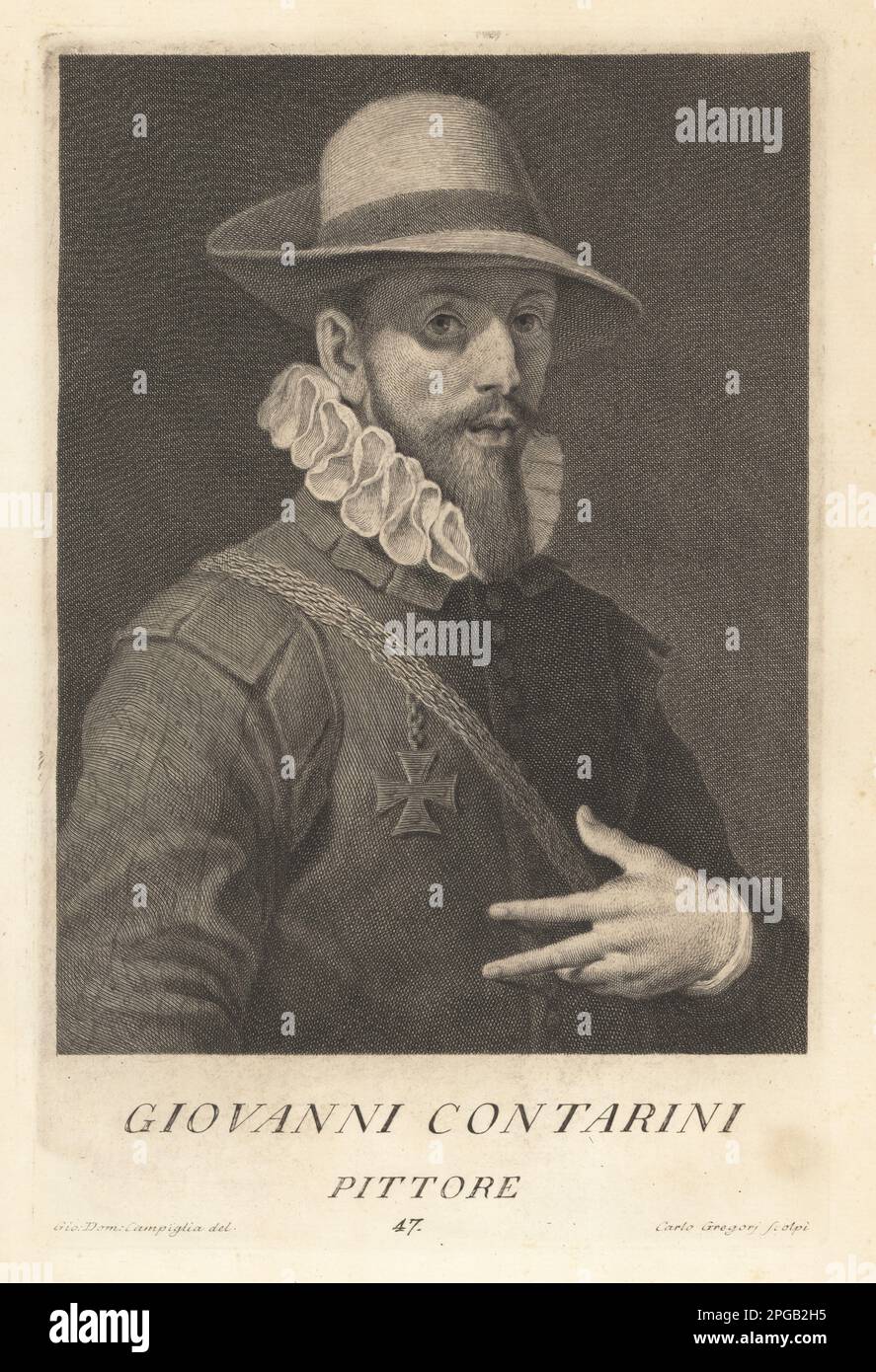 Giovanni Contarini, Italian painter of the late Renaissance, 1549–1605. Born in Venice, painter of portraits, altar pieces, ceilings and easel paintings of mythological subjects. Cavaliere Giovanni Contarini, Pittore. Copperplate engraving by Carlo Gregori after Giovanni Domenico Campiglia after a self portrait by the artist from Francesco Moucke's Museo Florentino (Museum Florentinum), Serie di Ritratti de Pittori (Series of Portraits of Painters) stamperia Mouckiana, Florence, 1752-62. Stock Photo