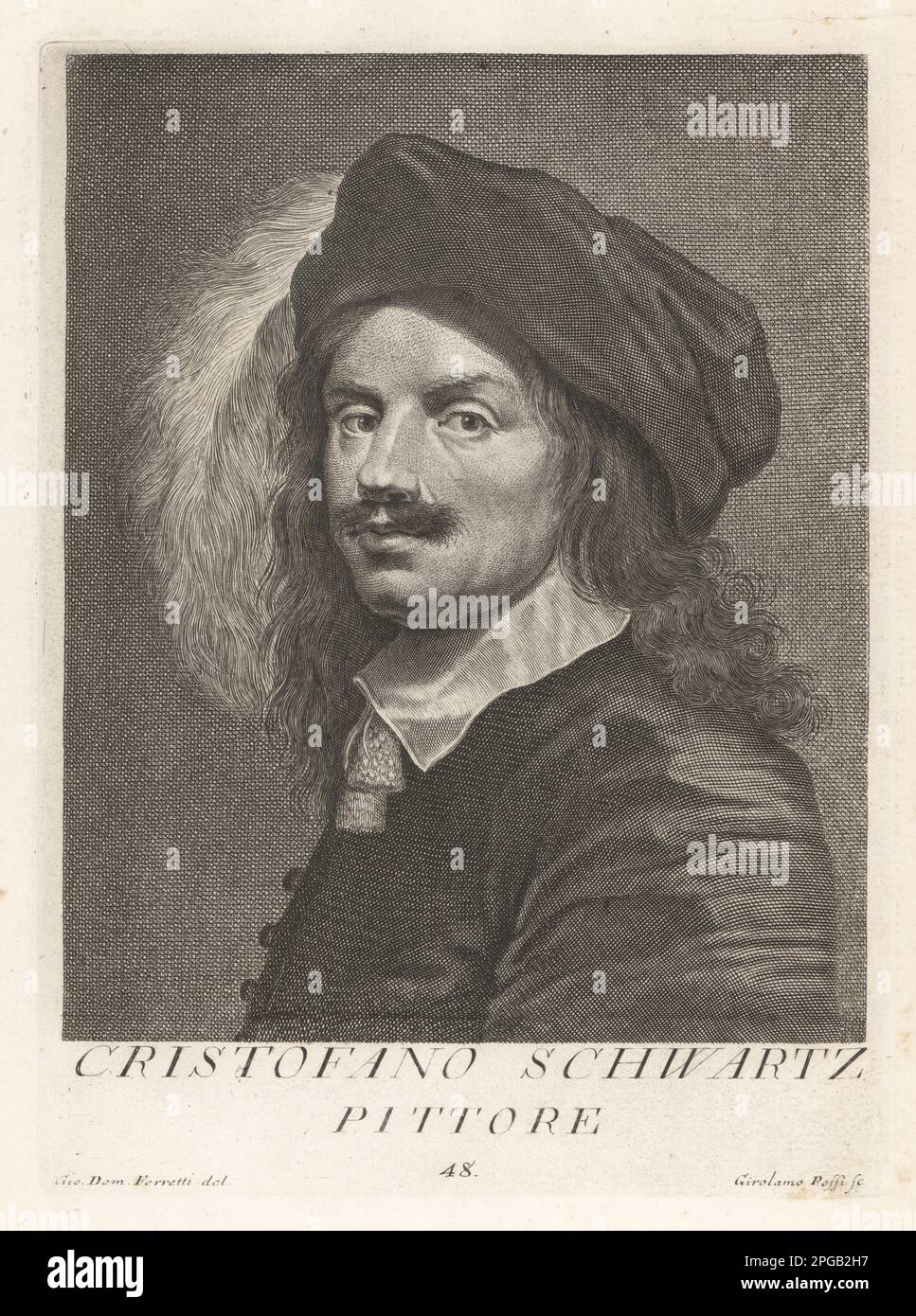 Christoph Schwartz, called the German Raphael, born in Ingolstadt, studied in Venice, returned to become court painter to the Elector of Bavaria, 1550-1597. Cristofano Schwartz, Pittore. Copperplate engraving by Girolamo Rossi after Giovanni Domenico Ferretti after a self portrait by the artist from Francesco Moucke's Museo Florentino (Museum Florentinum), Serie di Ritratti de Pittori (Series of Portraits of Painters) stamperia Mouckiana, Florence, 1752-62. Stock Photo