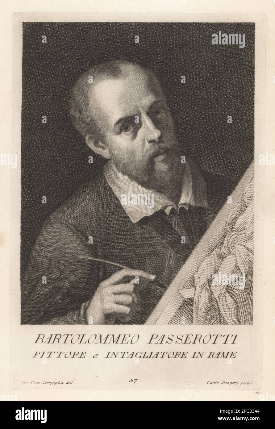 Bartolomeo Passarotti, Italian Mannerist painter who worked mainly in Bologna, 1529–1592. With brush before a painting on an easel. Bartolomeo Passerotti, Pittore e Intagliatore in rame. Copperplate engraving by  after Giovanni Domenico Campiglia after a self portrait by the artist from Francesco Moucke's Museo Florentino (Museum Florentinum), Serie di Ritratti de Pittori (Series of Portraits of Painters) stamperia Mouckiana, Florence, 1752-62. Stock Photo