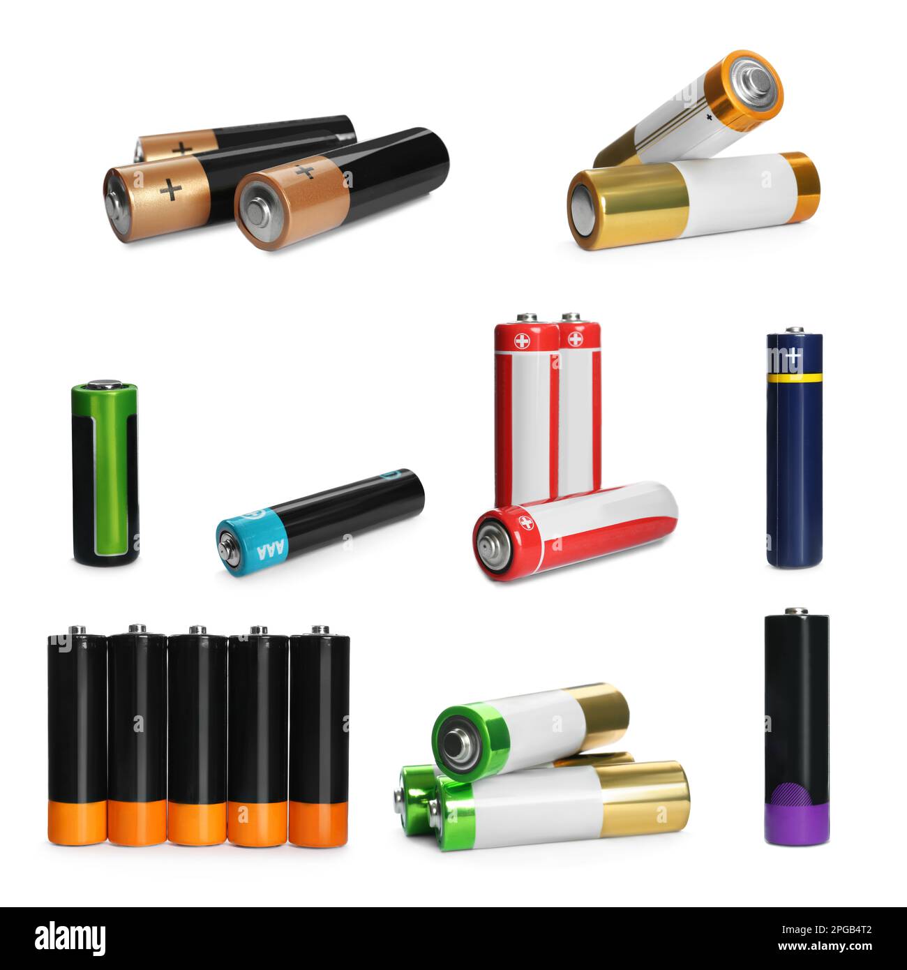 Many batteries of different types on white background, collage Stock