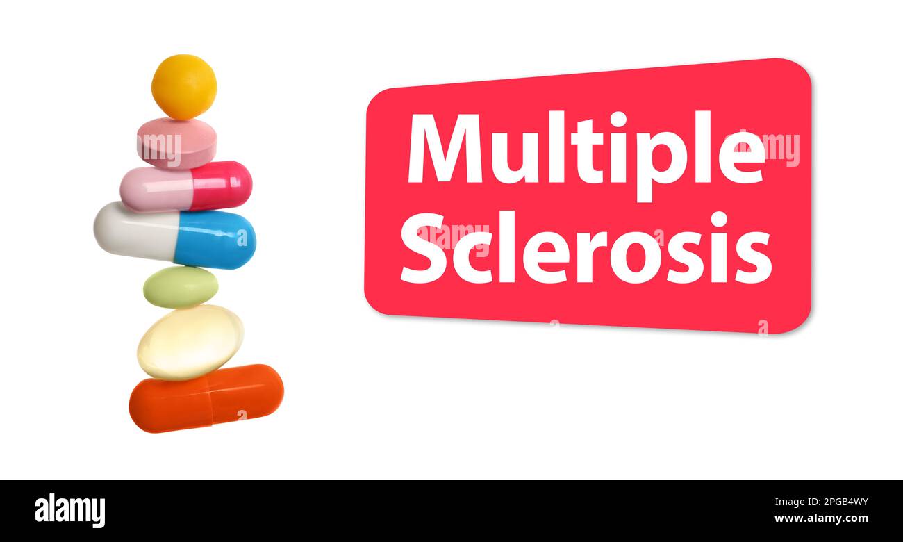 Multiple sclerosis treatment. Stack of different colorful pills on white background Stock Photo