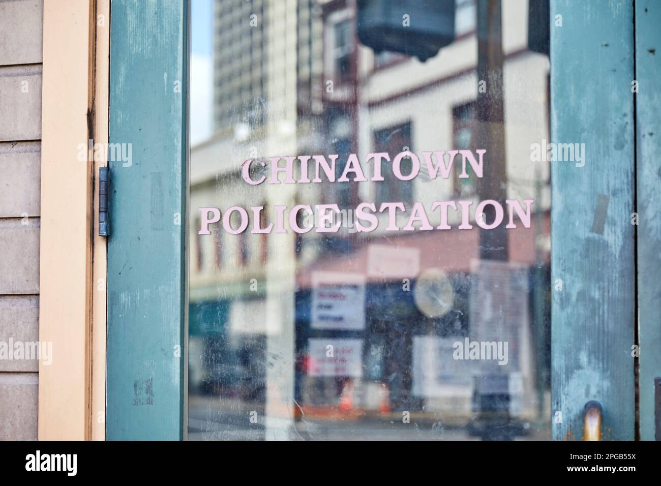 Entry Door Sign to Chinatown Police Station in Honolulu, Hawaii Stock