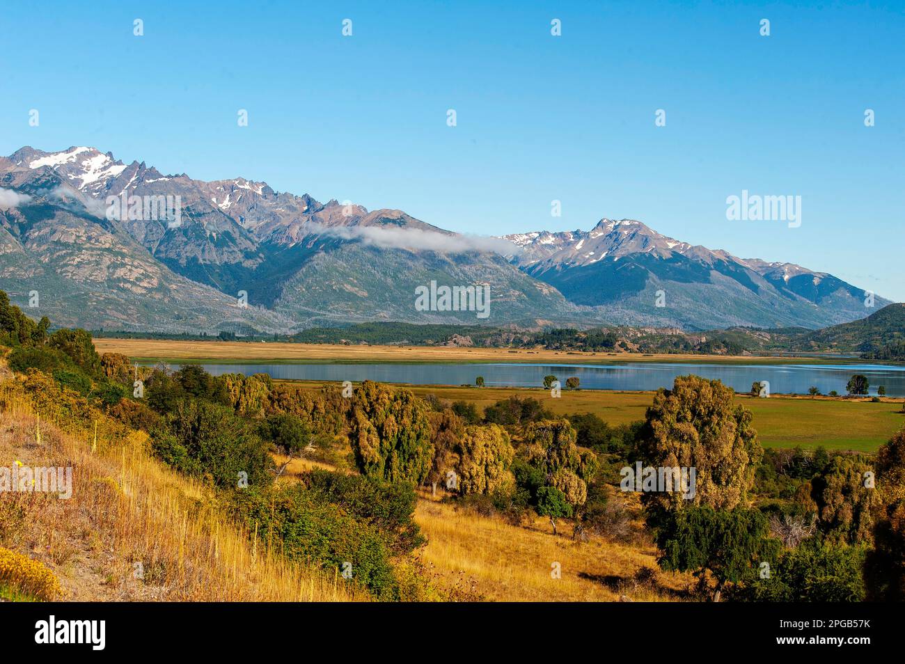 Snowy peaks seen from Ruta 71 at Los Alerces National Park, Chubut Province, Argentina Stock Photo