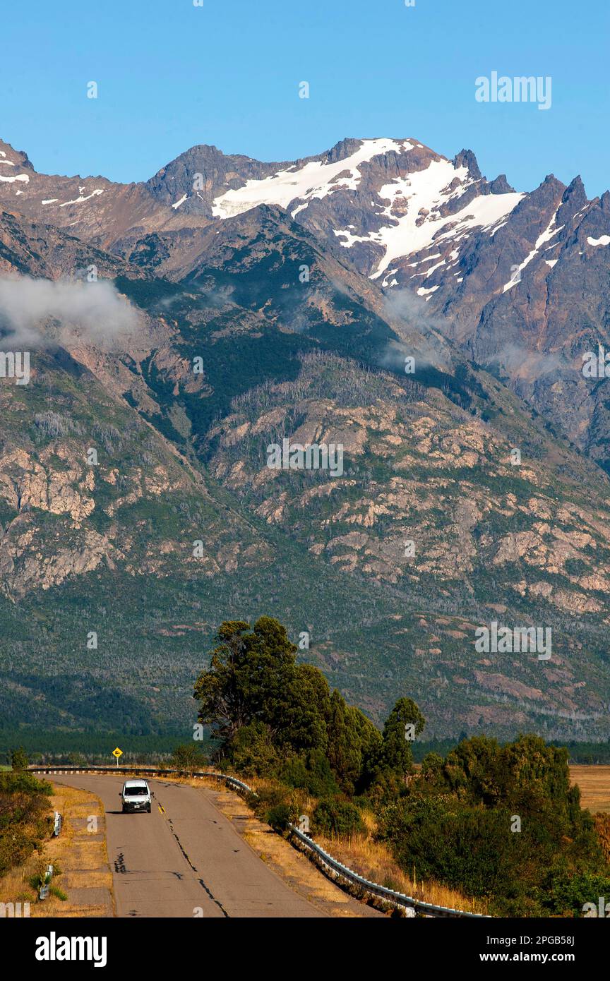 Snowy peaks seen from Ruta 71 at Los Alerces National Park, Chubut Province, Argentina Stock Photo