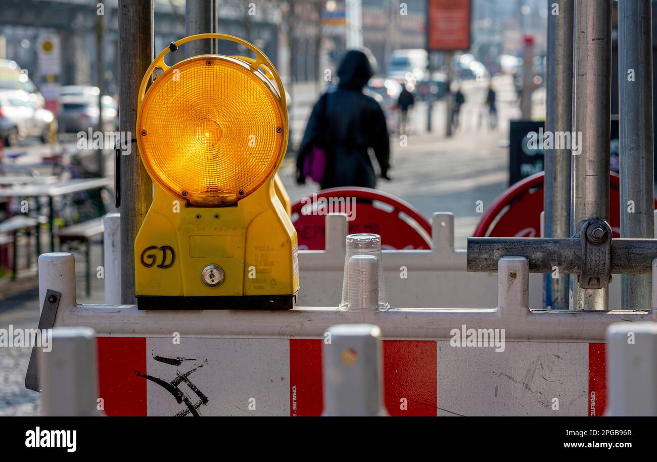 Scaffolding with warning lights, Berlin Friedrichshain, Berlin, Germany