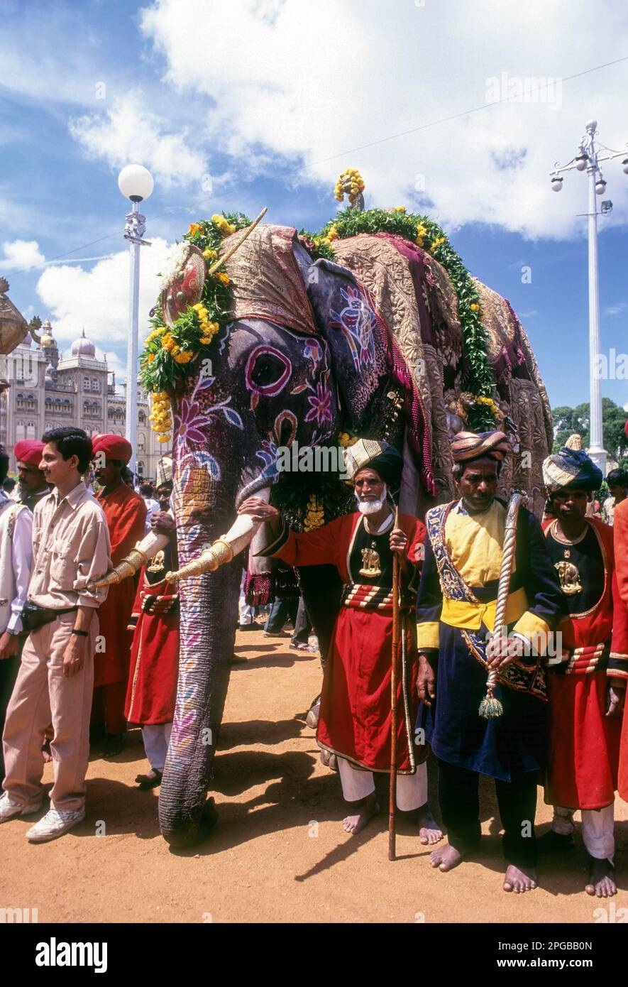 Caparisoned and Painted Elephant; Dussera dusera Festival at Mysore, Karnataka, India Stock Photo