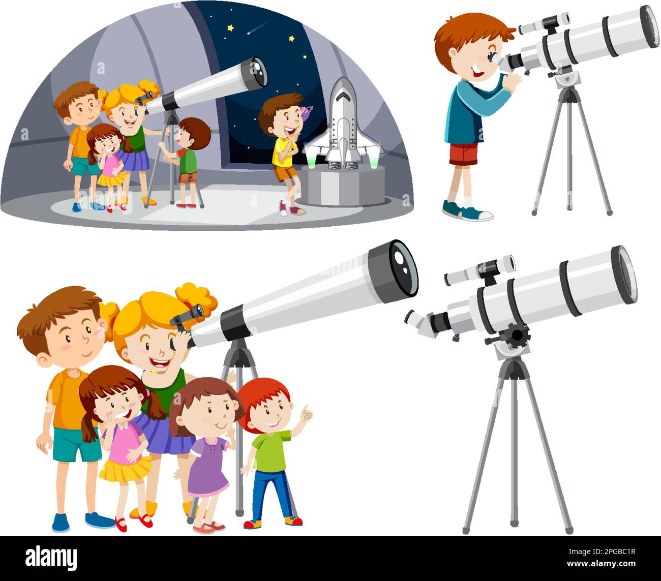 Playful Children Using Telescopes Vector Collection illustration Stock