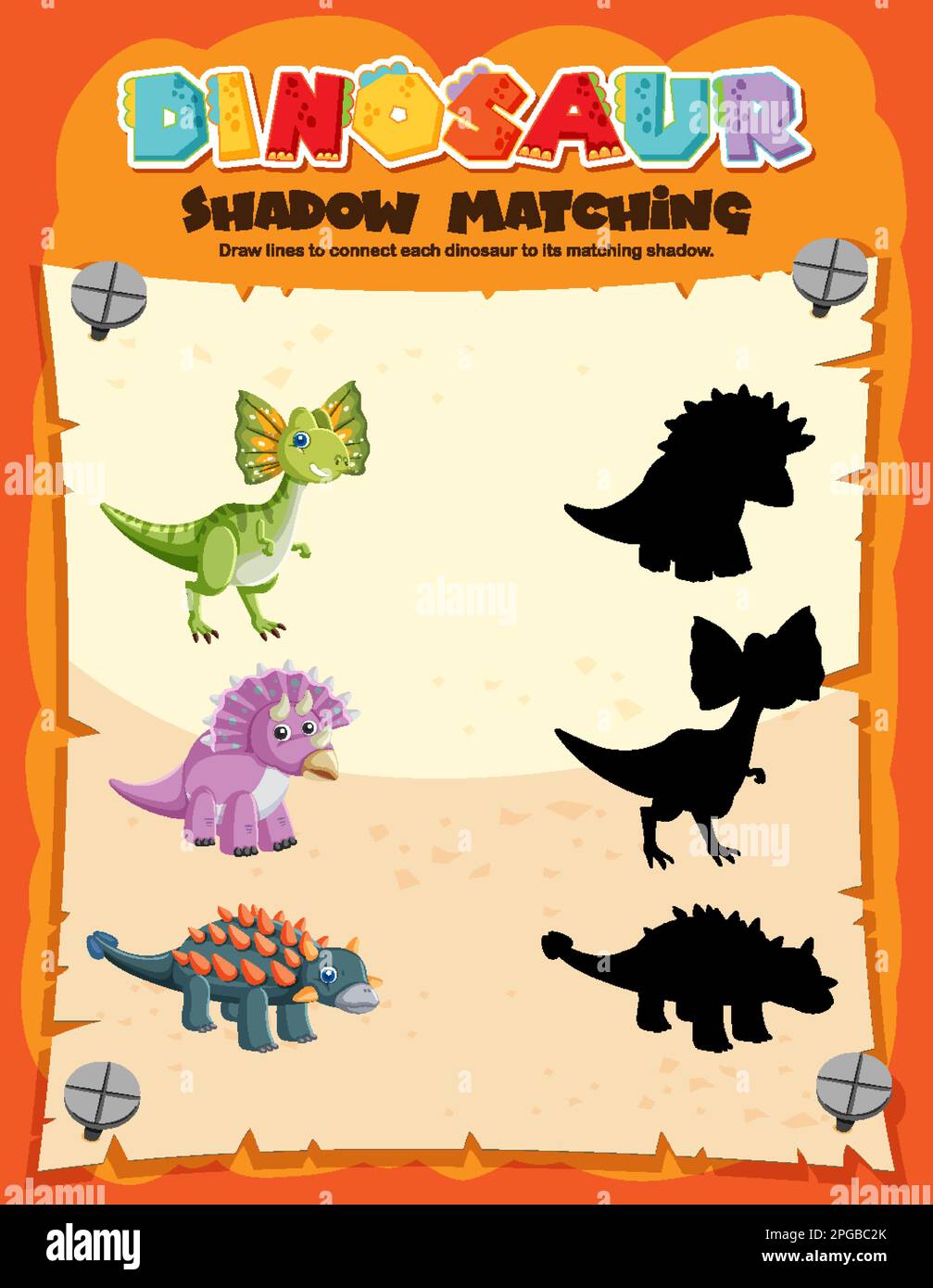 Dinosaur shadow matching game template illustration stock vector image