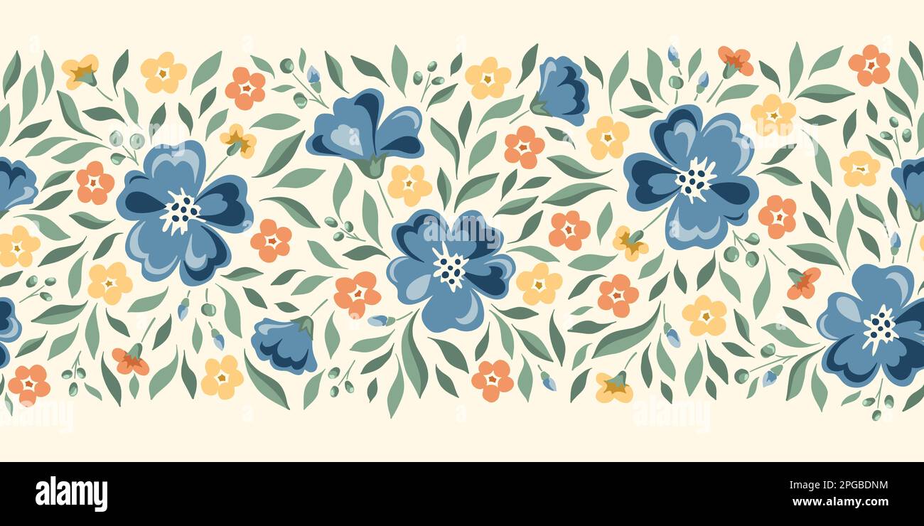 Delicate Chintz Romantic Meadow Wild Flowers Horizontal Vector Seamless Pattern Border Stock Vector